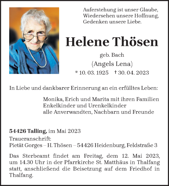 Traueranzeige von Helene Thösen von trierischer_volksfreund