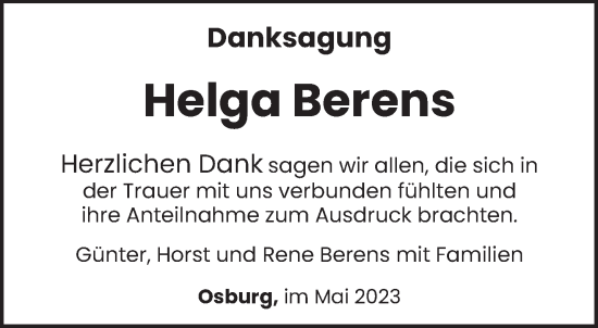 Traueranzeige von Helga Berens von trierischer_volksfreund