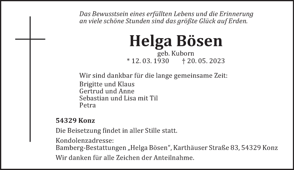  Traueranzeige für Helga Bösen vom 27.05.2023 aus trierischer_volksfreund