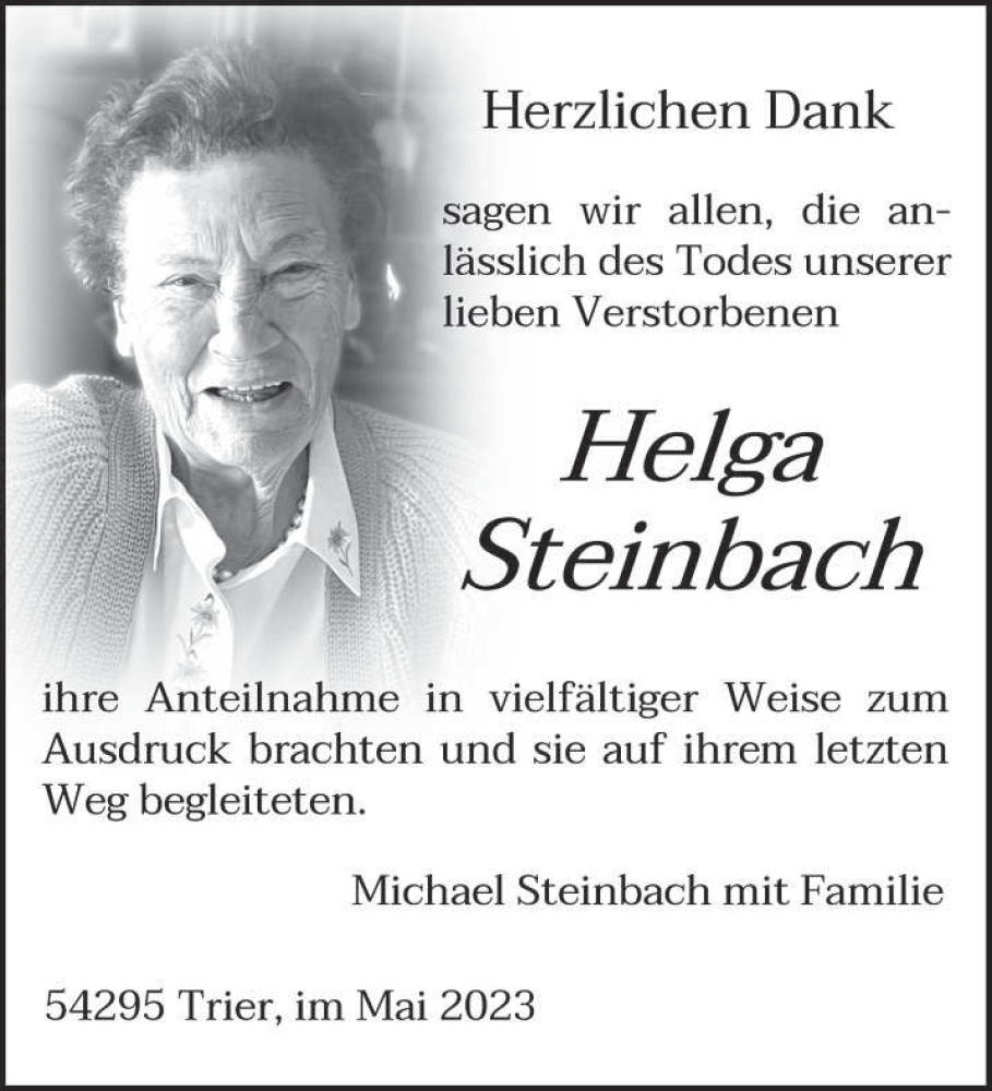  Traueranzeige für Helga Steinbach vom 06.05.2023 aus trierischer_volksfreund