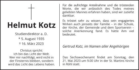 Traueranzeige von Helmut Kotz von trierischer_volksfreund