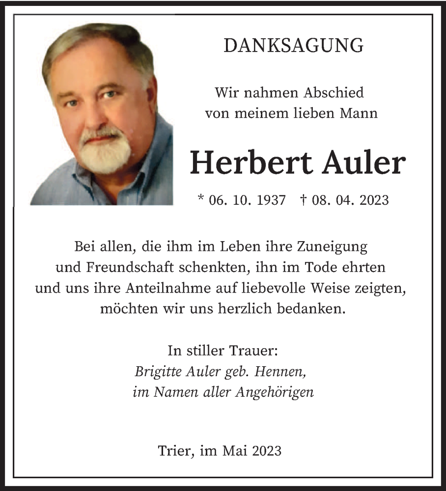  Traueranzeige für Herbert Auler vom 13.05.2023 aus trierischer_volksfreund