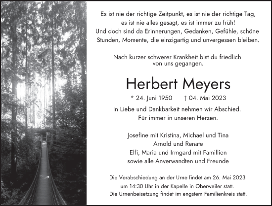 Traueranzeige von Herbert Meyers von trierischer_volksfreund