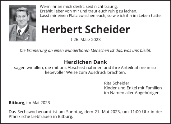 Traueranzeige von Herbert Scheider von trierischer_volksfreund