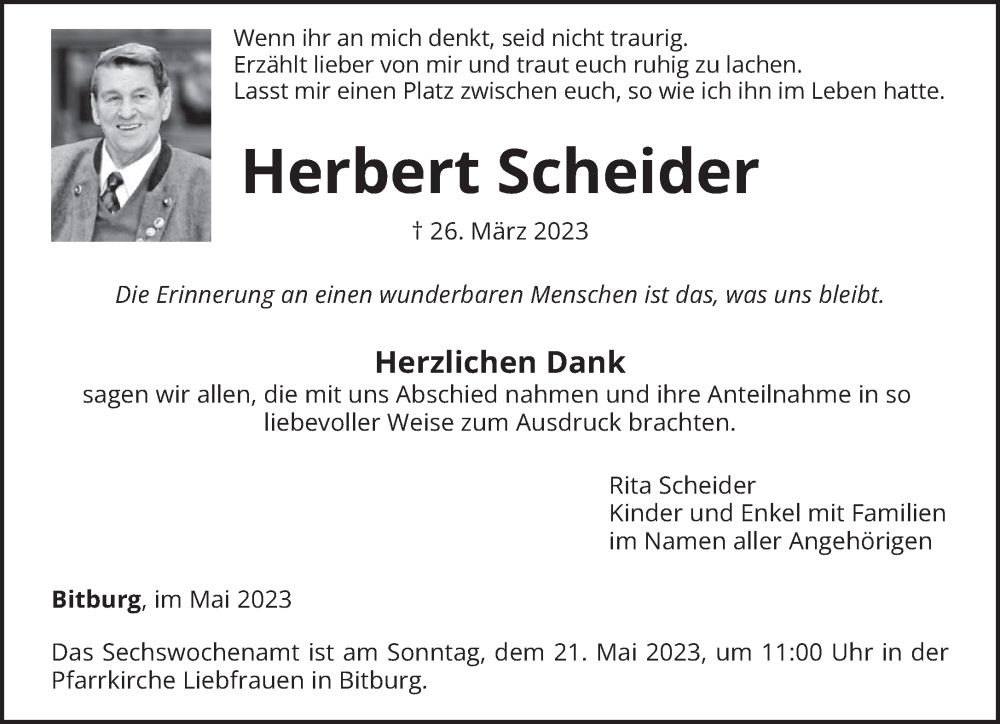 Traueranzeige für Herbert Scheider vom 13.05.2023 aus trierischer_volksfreund