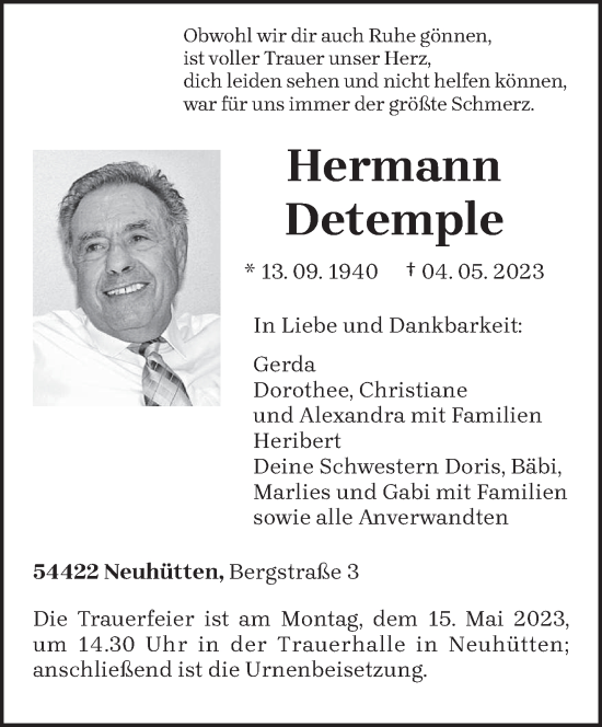 Traueranzeige von Hermann Detemple von trierischer_volksfreund