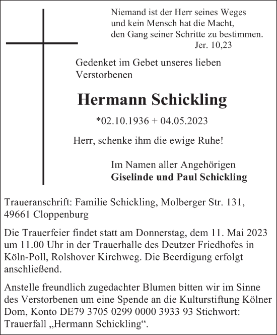 Traueranzeige von Hermann Schickling von trierischer_volksfreund