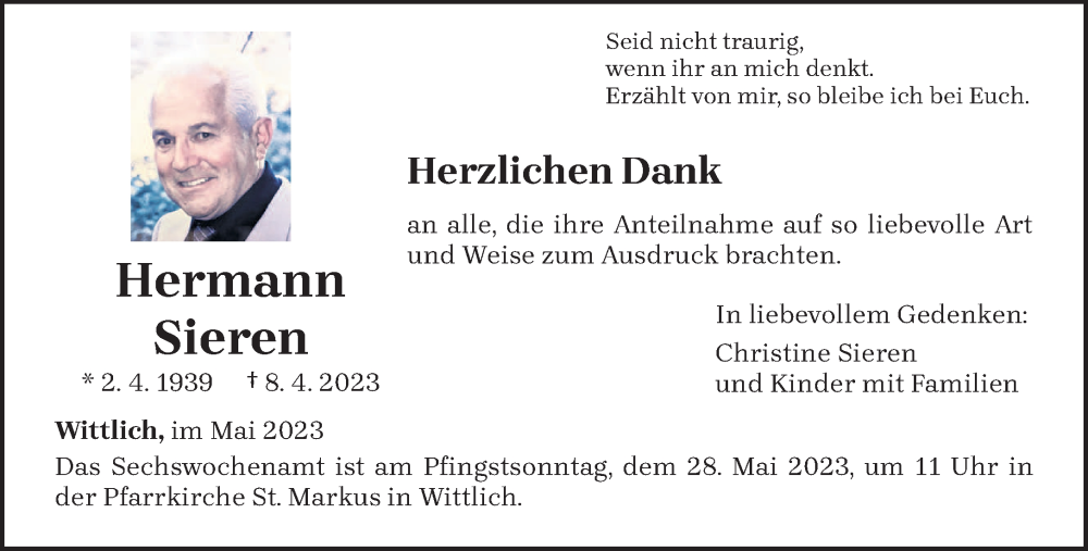  Traueranzeige für Hermann Sieren vom 20.05.2023 aus trierischer_volksfreund