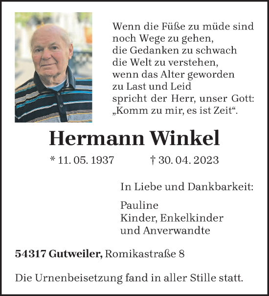 Traueranzeige von Hermann Winkel von trierischer_volksfreund