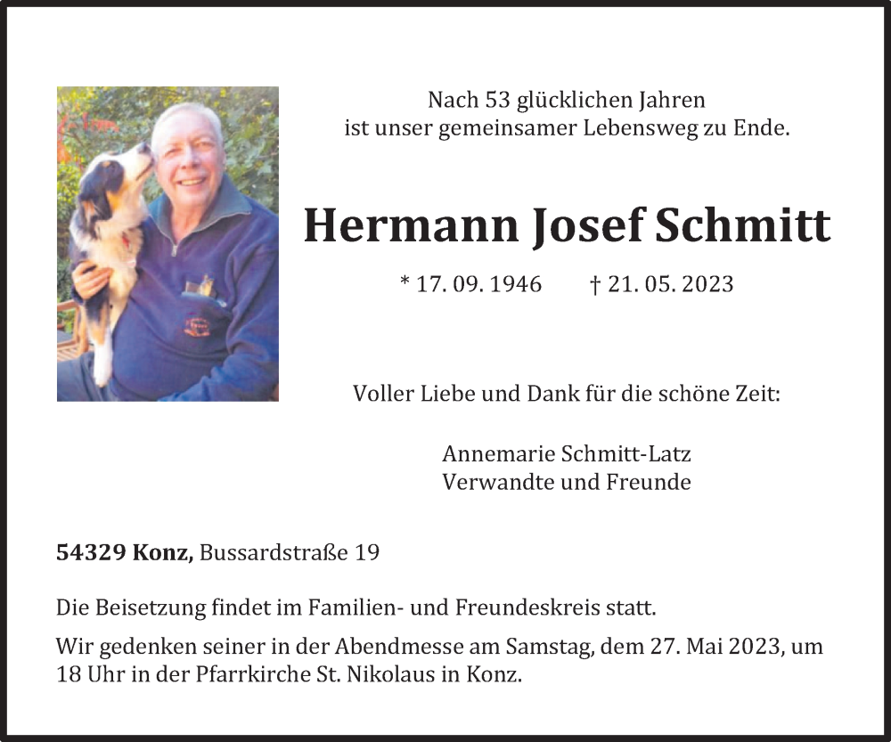  Traueranzeige für Hermann Josef Schmitt vom 24.05.2023 aus trierischer_volksfreund