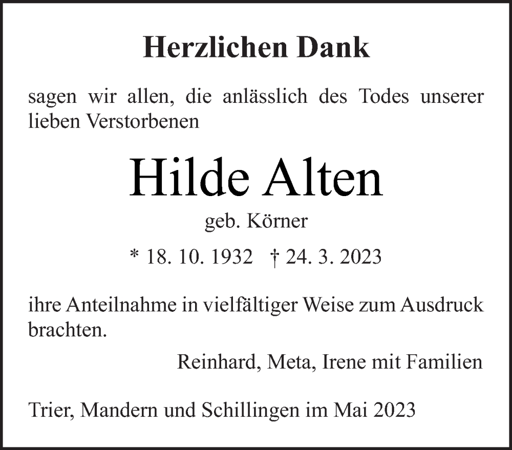  Traueranzeige für Hilde Alten vom 06.05.2023 aus trierischer_volksfreund