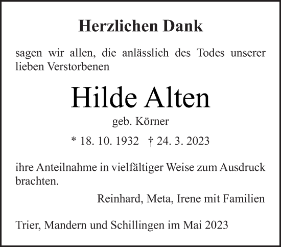 Traueranzeige von Hilde Alten von trierischer_volksfreund