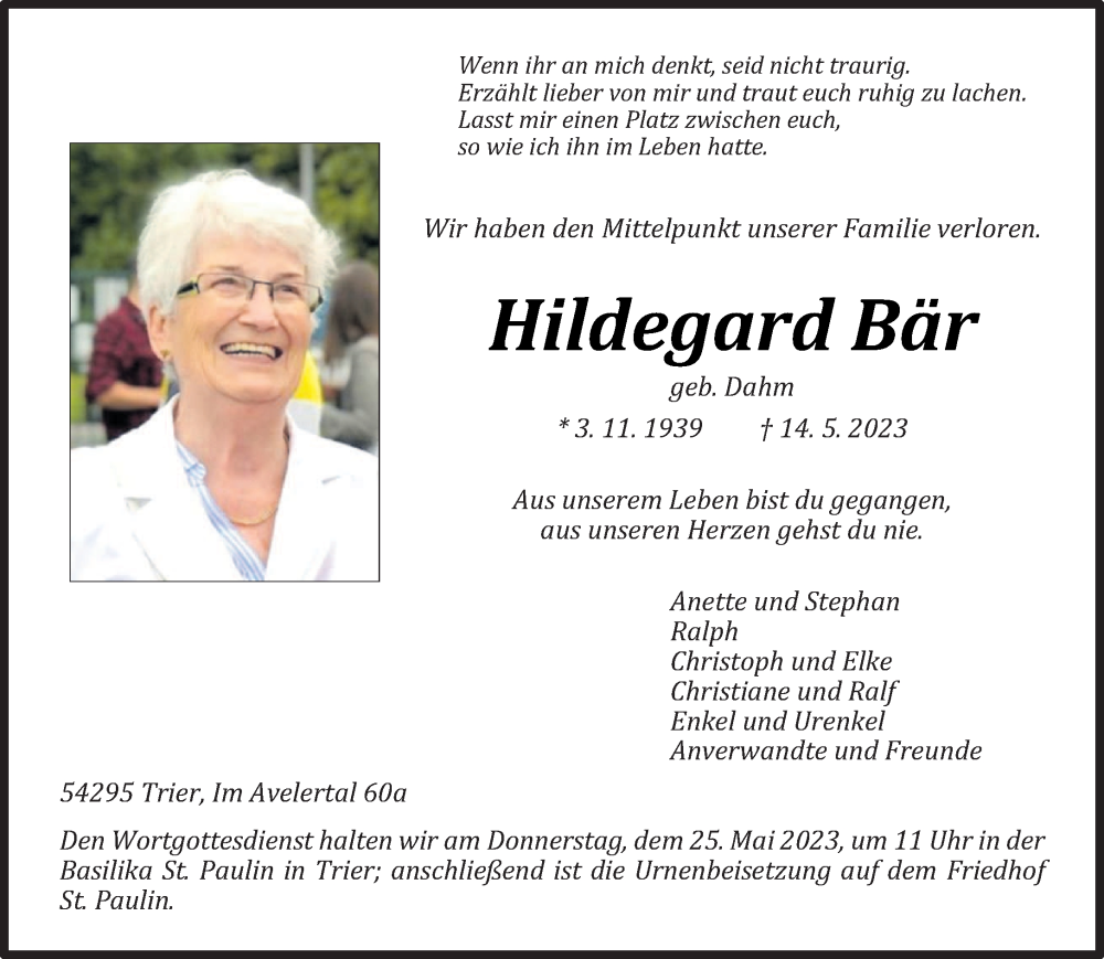 Traueranzeige für Hildegard Bär vom 20.05.2023 aus trierischer_volksfreund
