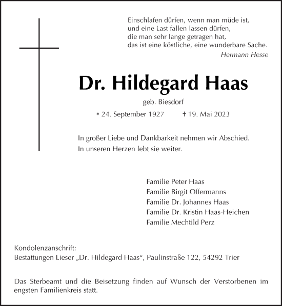 Traueranzeige von Hildegard Haas von trierischer_volksfreund