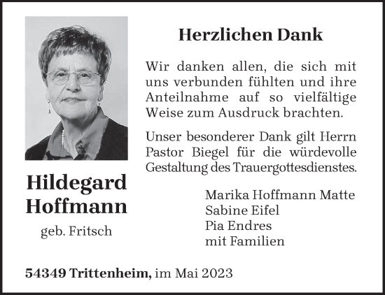 Traueranzeige von Hildegard Hoffmann von trierischer_volksfreund