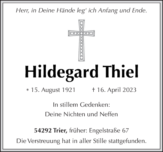 Traueranzeige von Hildegard Thiel von trierischer_volksfreund
