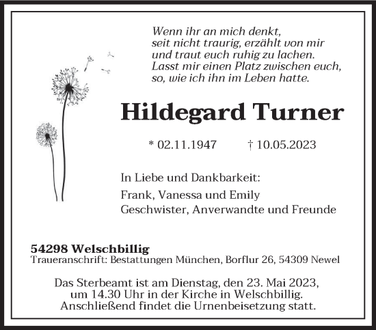 Traueranzeige von Hildegard Turner von trierischer_volksfreund
