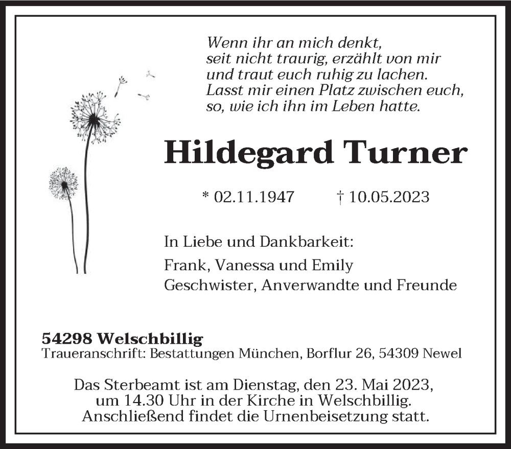  Traueranzeige für Hildegard Turner vom 17.05.2023 aus trierischer_volksfreund