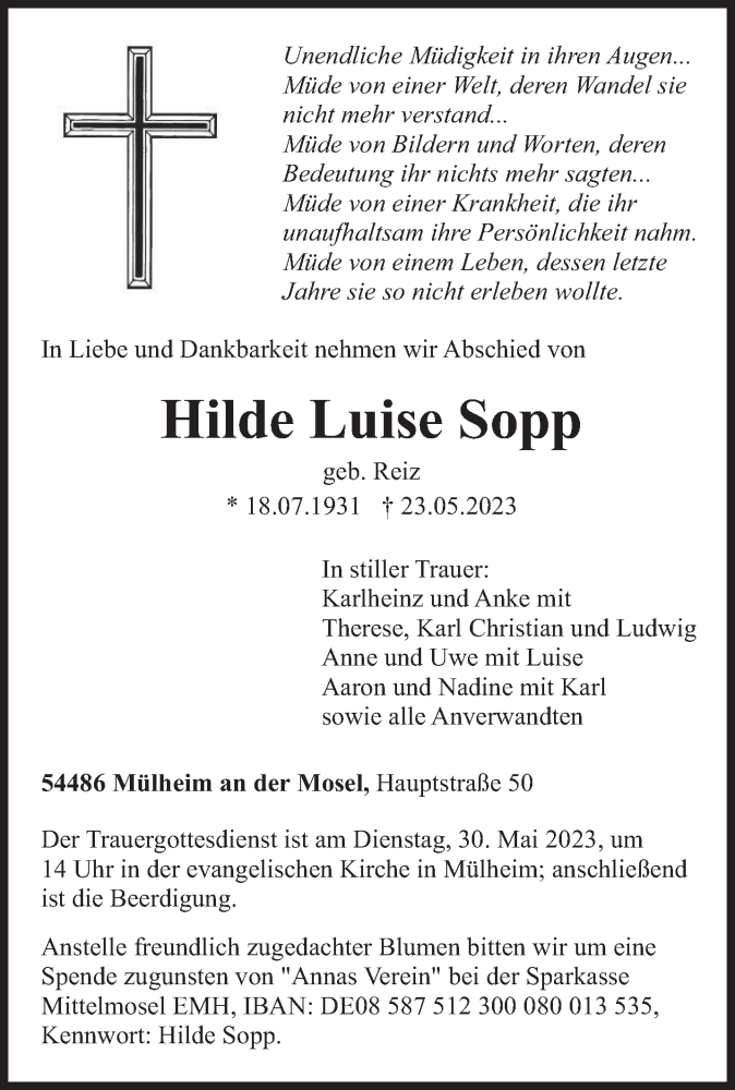  Traueranzeige für Hilde Luise Sopp vom 26.05.2023 aus trierischer_volksfreund