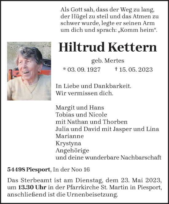 Traueranzeige von Hiltrud Kettern von trierischer_volksfreund