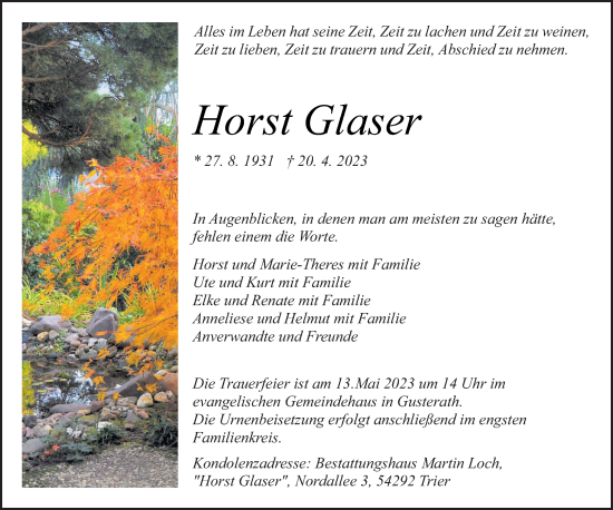 Traueranzeige von Horst Glaser von trierischer_volksfreund