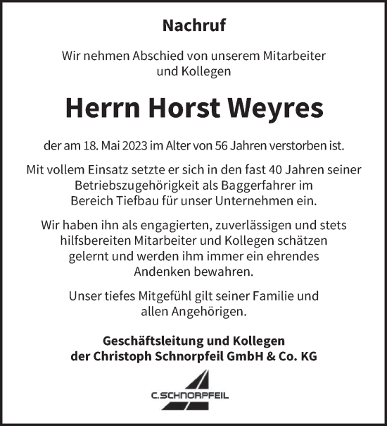 Traueranzeige von Horst Weyres von trierischer_volksfreund