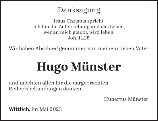 Traueranzeige von Hugo Münster von trierischer_volksfreund