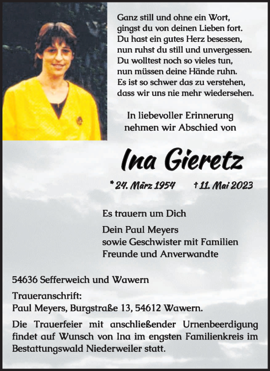 Traueranzeige von Ina Gieretz von trierischer_volksfreund