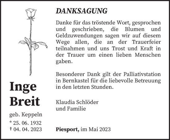Traueranzeige von Inge Breit von trierischer_volksfreund