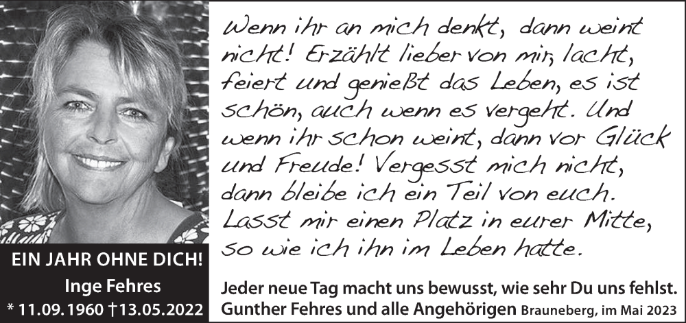  Traueranzeige für Inge Fehrens vom 13.05.2023 aus trierischer_volksfreund