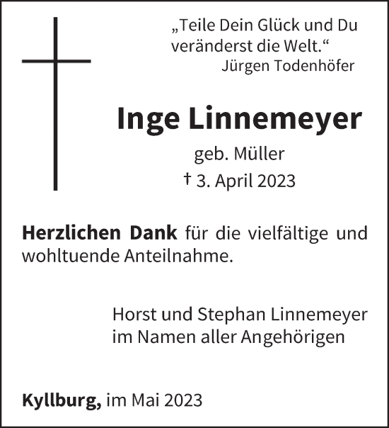 Traueranzeige von Inge Linnemeyer von trierischer_volksfreund