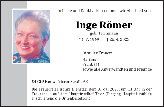 Traueranzeige von Inge Römer von trierischer_volksfreund