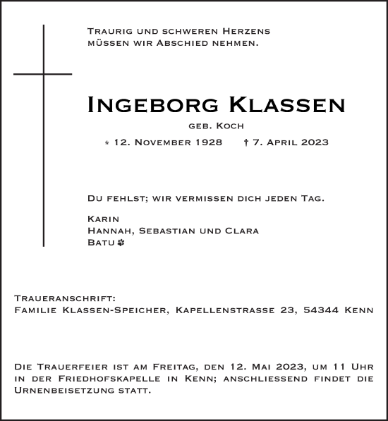 Traueranzeige von Ingeborg Klassen von trierischer_volksfreund