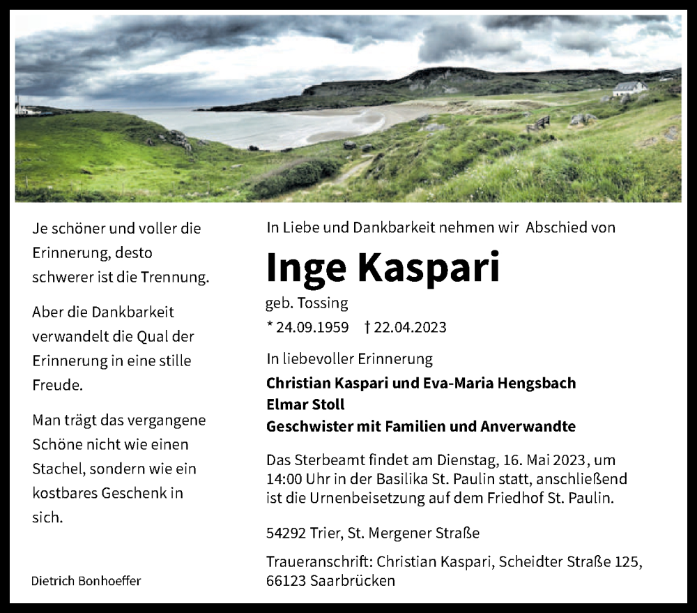  Traueranzeige für Ingeq Kaspari vom 06.05.2023 aus trierischer_volksfreund