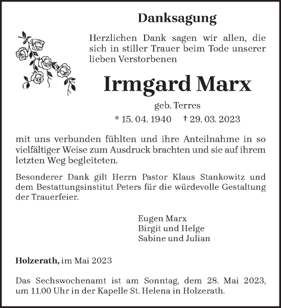 Traueranzeige von Irmgard Marx von trierischer_volksfreund