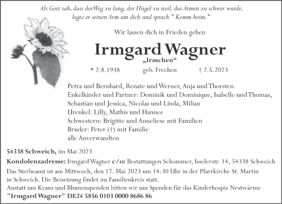Traueranzeige von Irmgard Wagner von trierischer_volksfreund