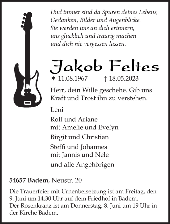 Traueranzeige von Jakob Feltes von trierischer_volksfreund