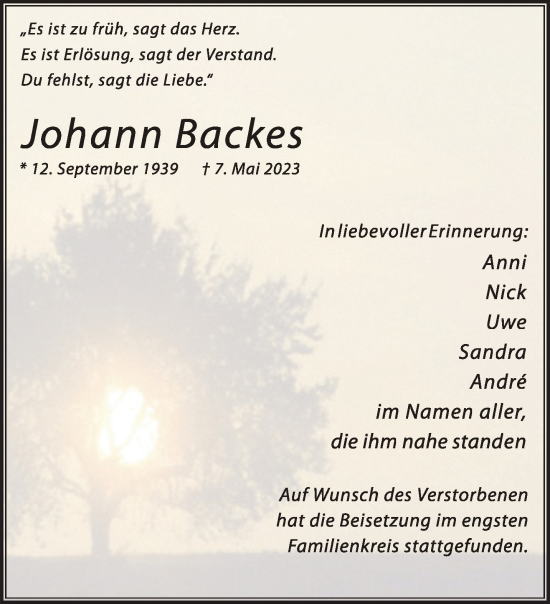 Traueranzeige von Johann Backes von trierischer_volksfreund