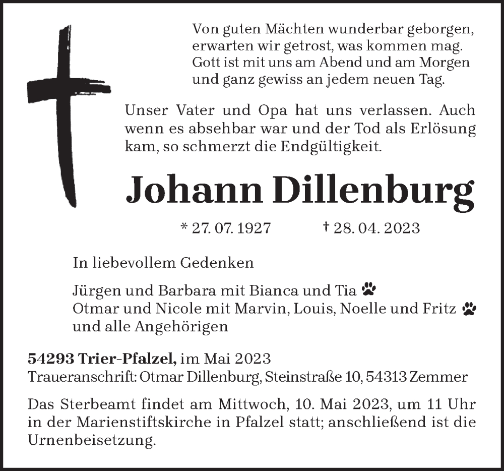  Traueranzeige für Johann Dillenburg vom 06.05.2023 aus trierischer_volksfreund