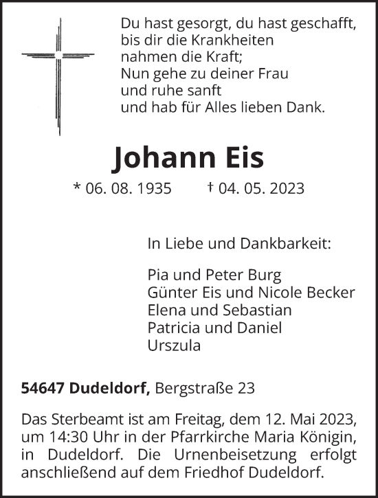 Traueranzeige von Johann Eis von trierischer_volksfreund