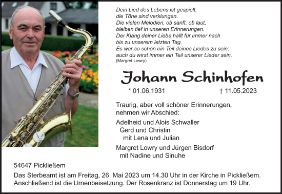 Traueranzeige von Johann Schinhofen von trierischer_volksfreund