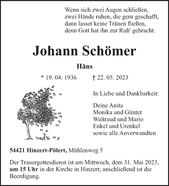 Traueranzeige von Johann Schömer von trierischer_volksfreund