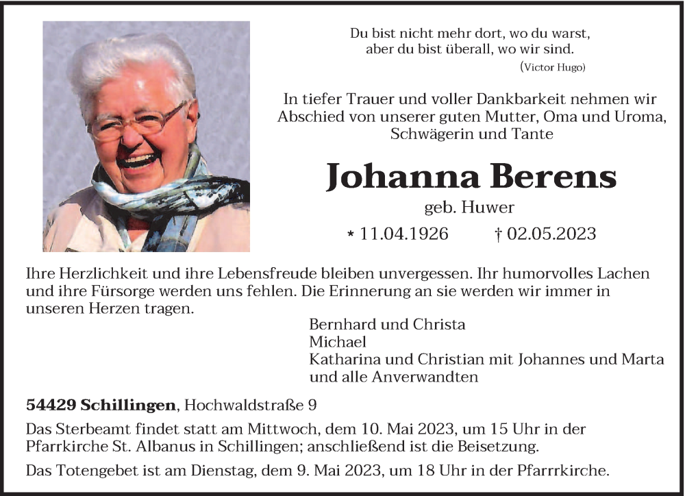  Traueranzeige für Johanna Berens vom 06.05.2023 aus trierischer_volksfreund