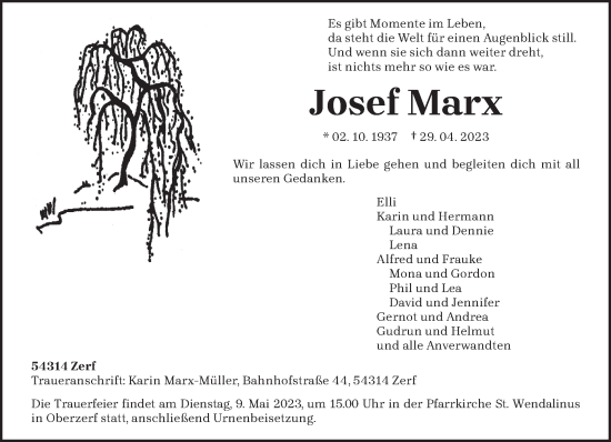 Traueranzeige von Josef Marx von trierischer_volksfreund