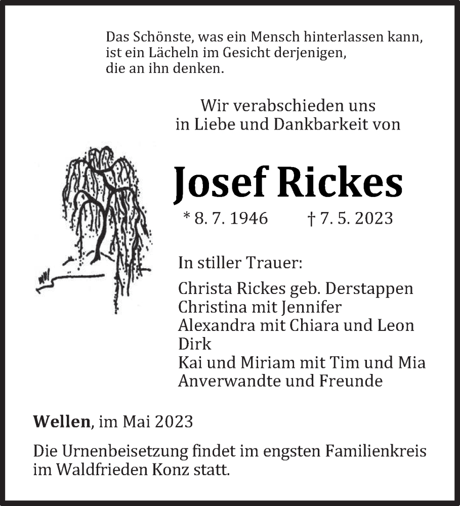  Traueranzeige für Josef Rickes vom 13.05.2023 aus trierischer_volksfreund