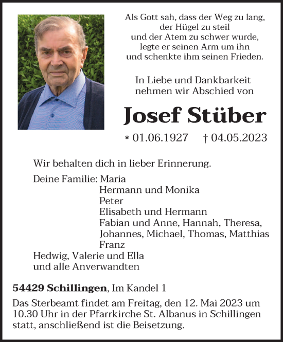 Traueranzeige von Josef Stüber von trierischer_volksfreund