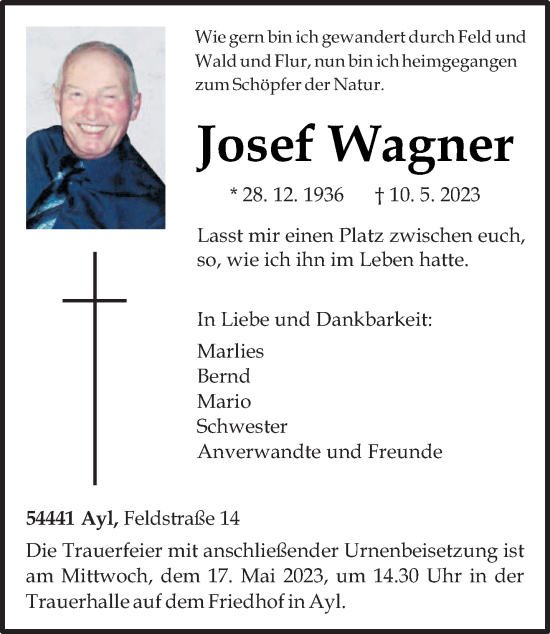Traueranzeige von Josef Wagner von trierischer_volksfreund