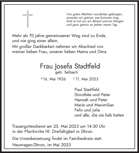 Traueranzeige von Josefa Stadtfeld von trierischer_volksfreund