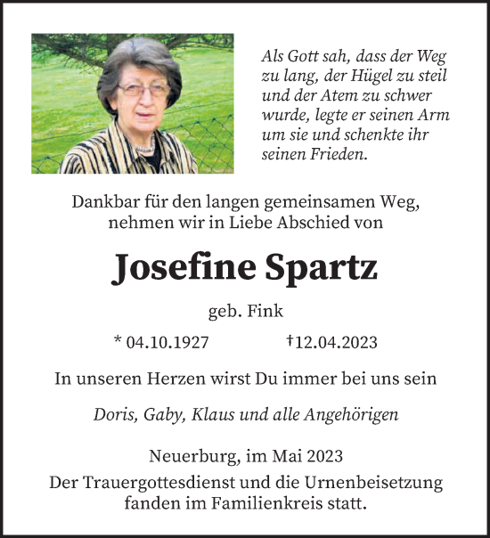 Traueranzeige von Josefine Spartz von trierischer_volksfreund