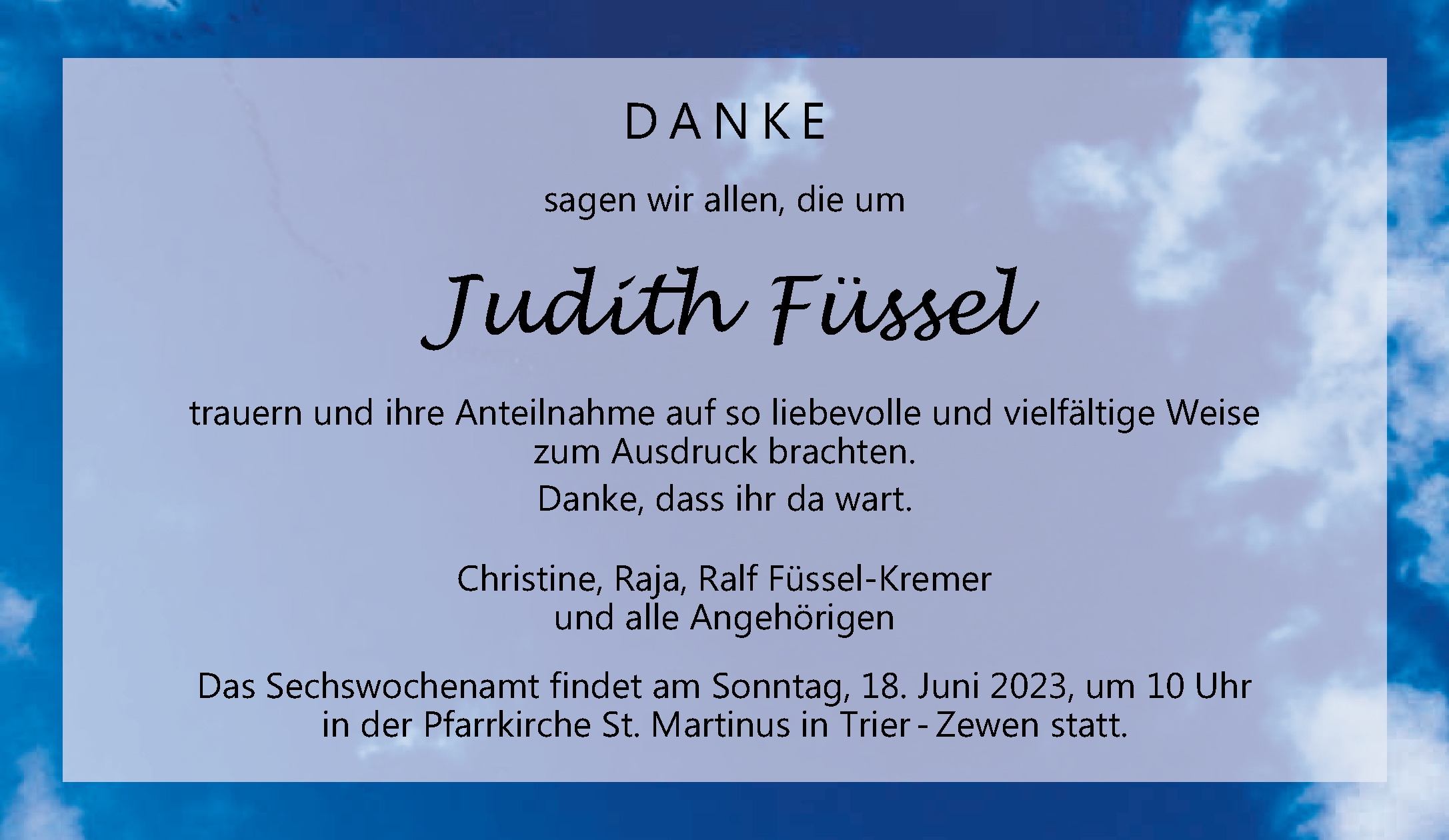  Traueranzeige für Judith Füssel vom 27.05.2023 aus trierischer_volksfreund
